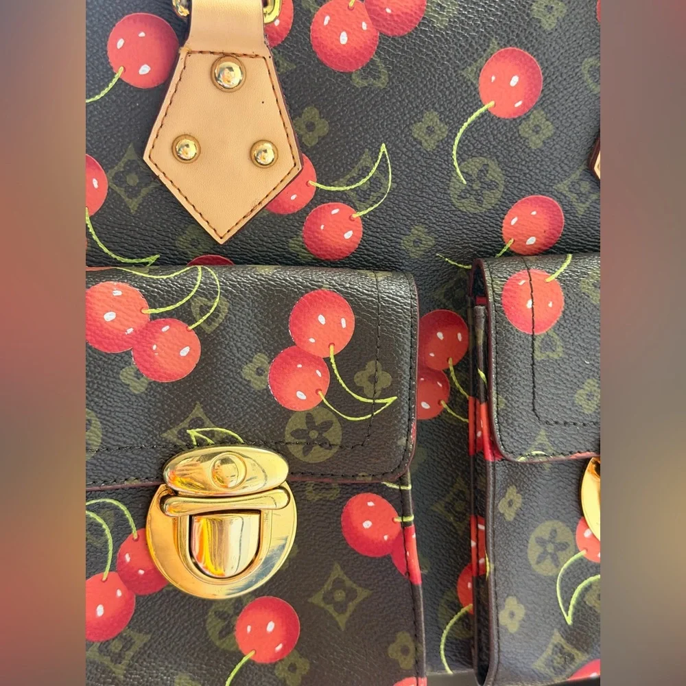 Cherry Print Satchel Handbag - Brown & Red - Picture 7 of 9